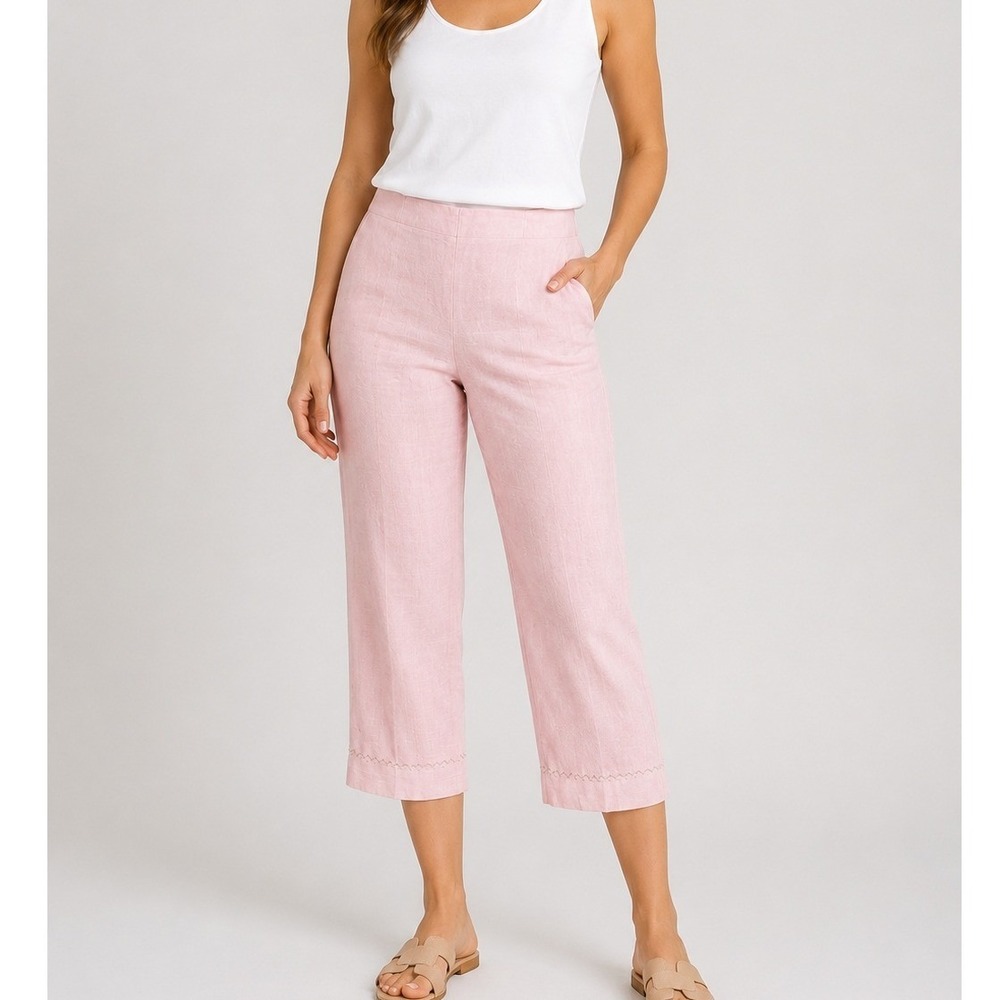 Nikki Valenti Pink Irish Linen Cropped Pants Size 10 High Rise Embroidered‎